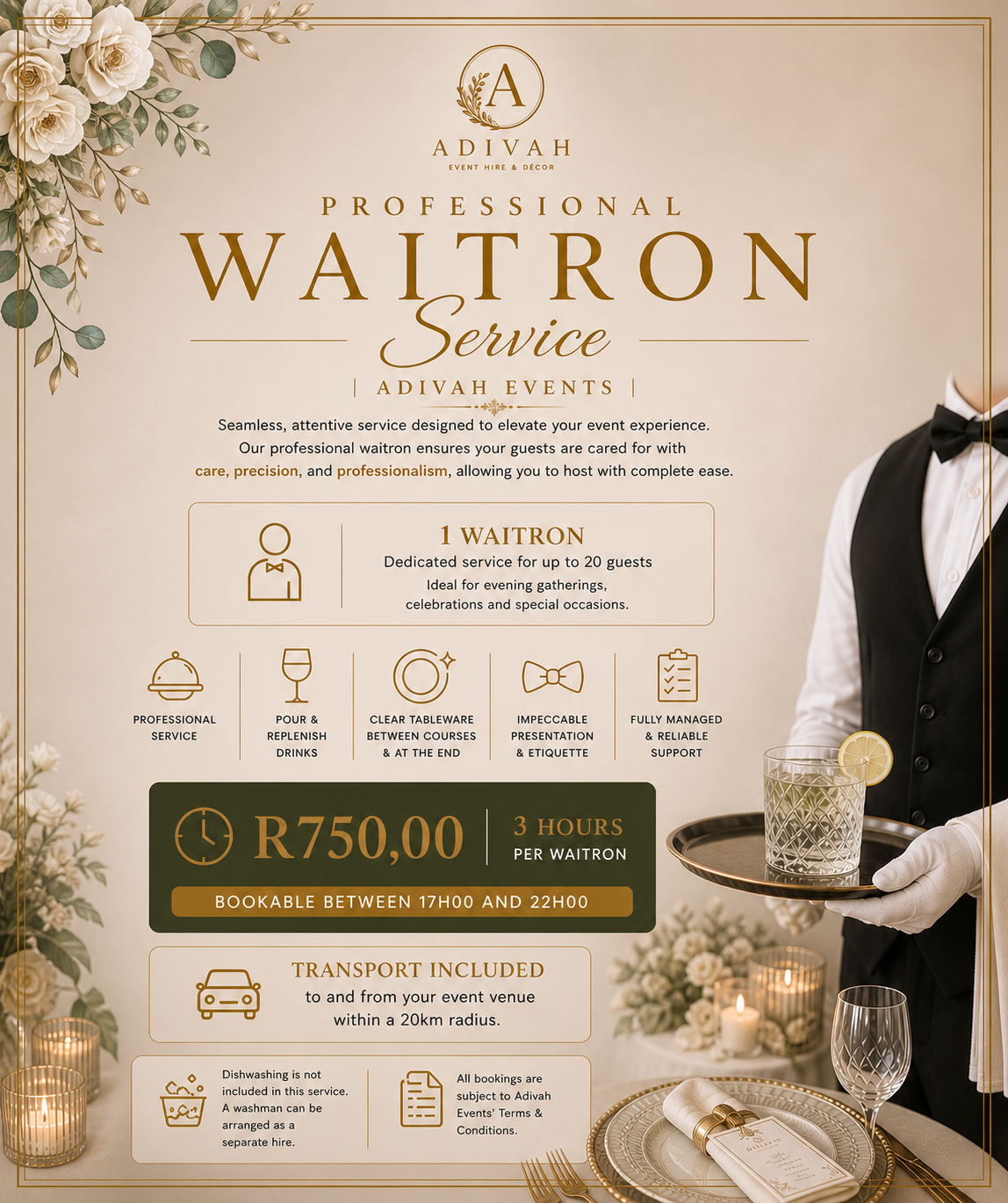 Evening Waitron Service 17h00 - 22h00