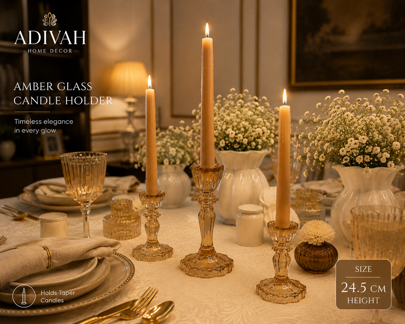Amber Glass Candle Holder with Candle