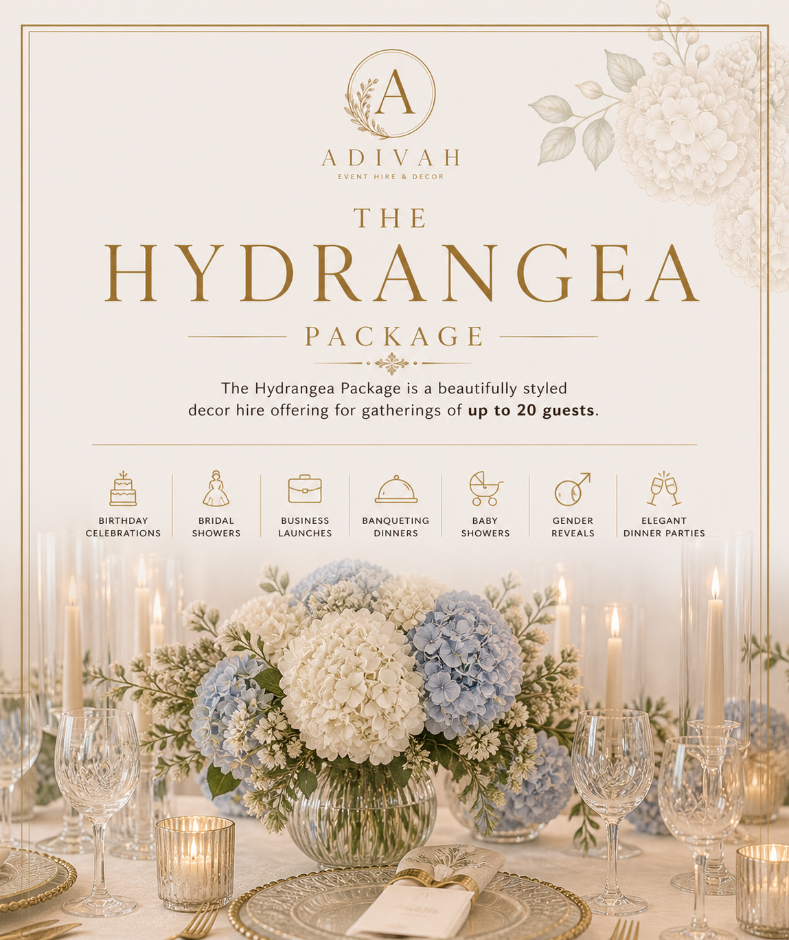 Hydrangea Package — An elegant table setting designed for refined celebrations of up to 20 guests