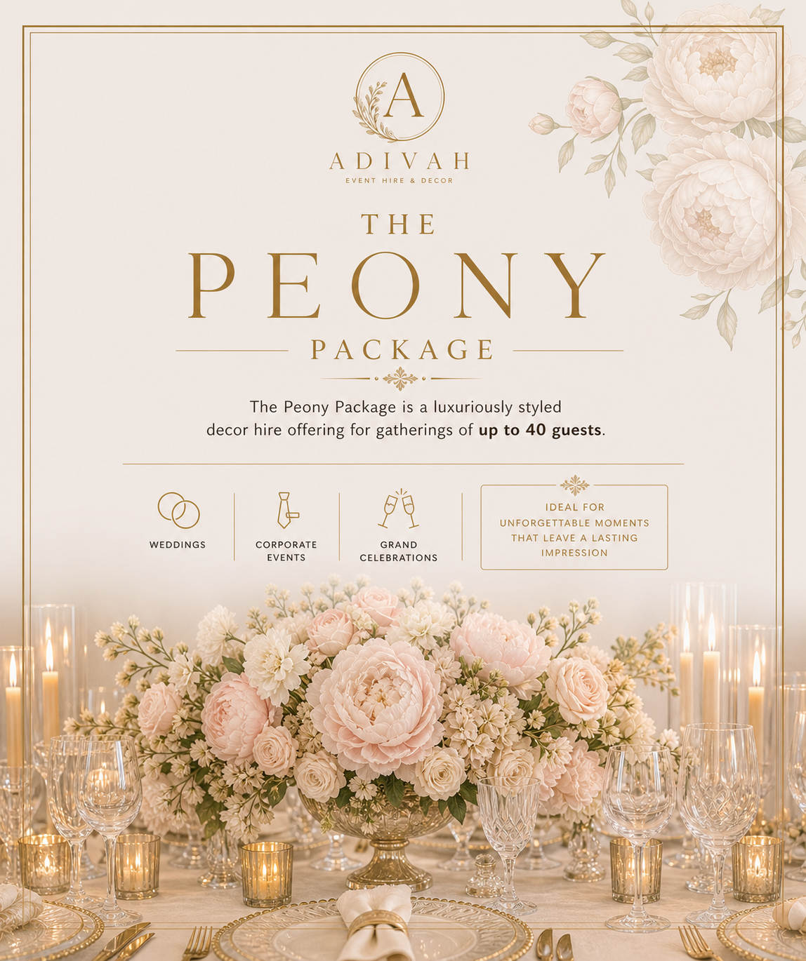 Peony Package — Elevated styling for lsophisticated gatherings 40 pax